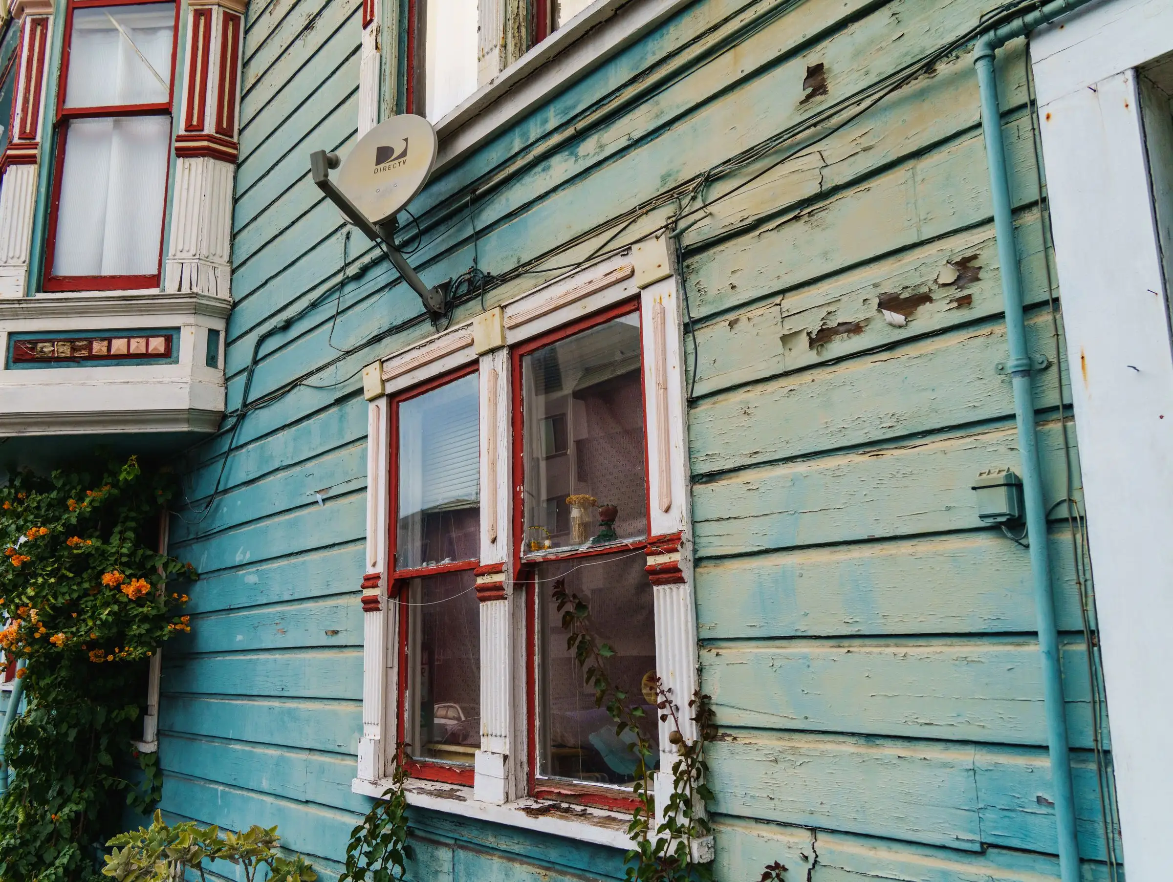 Wood siding with paint failing in long strips across the boards