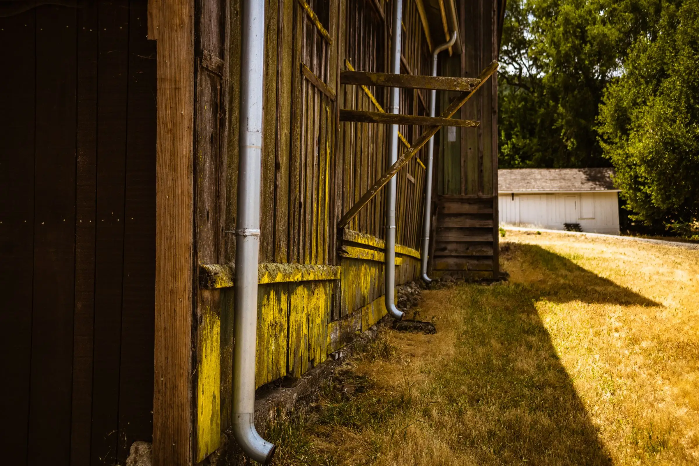 Gutter and downspout on a rural barn in low sun