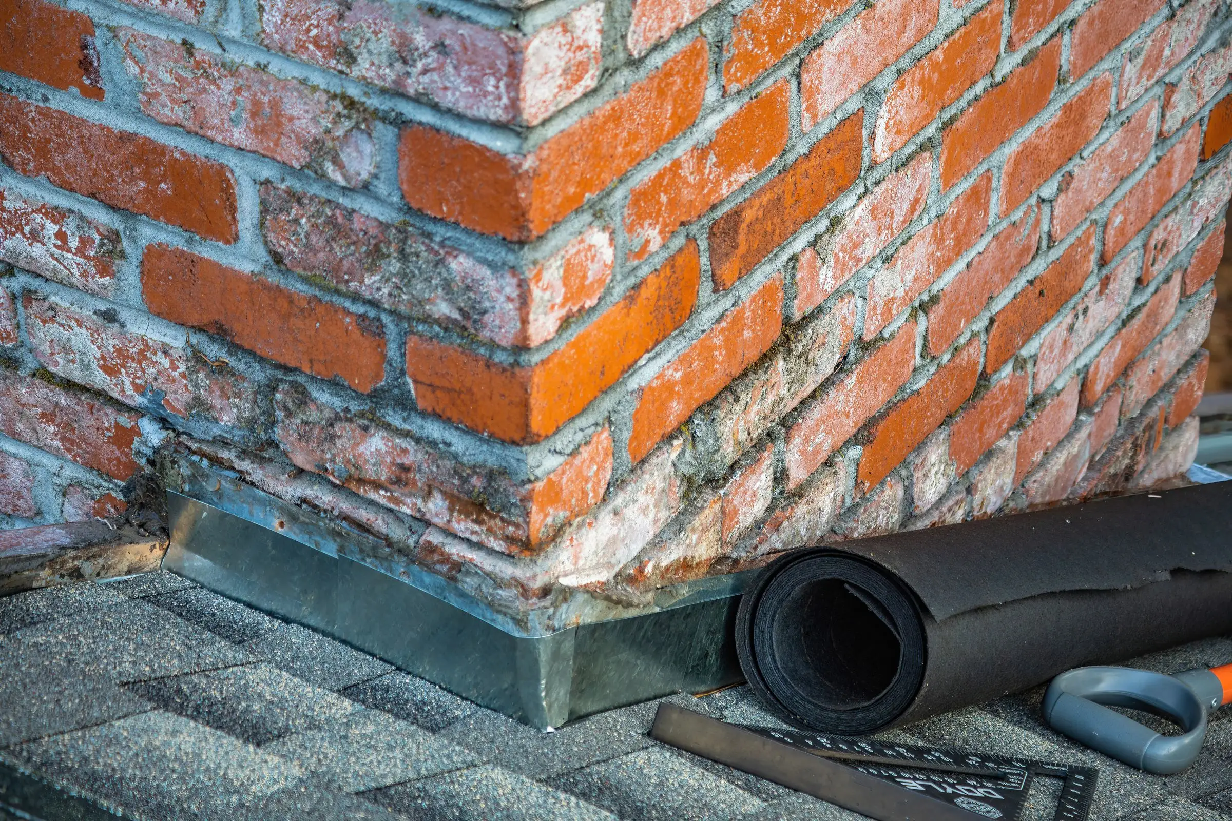 New step flashing set into a brick chimney on a shingle roof, with a roll of underlayment and tools beside it