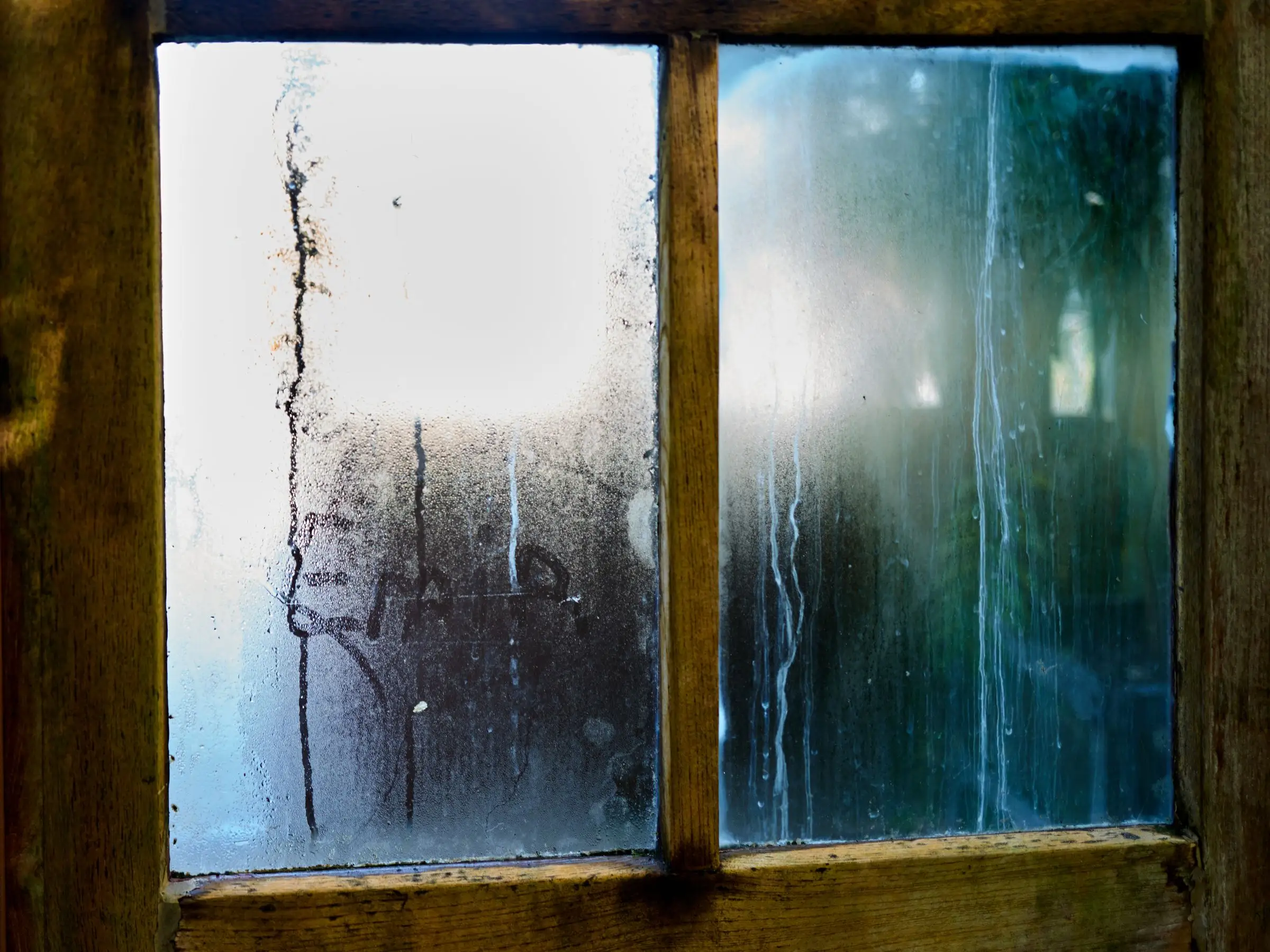 Condensation streaking down a wooden window pane in cold light