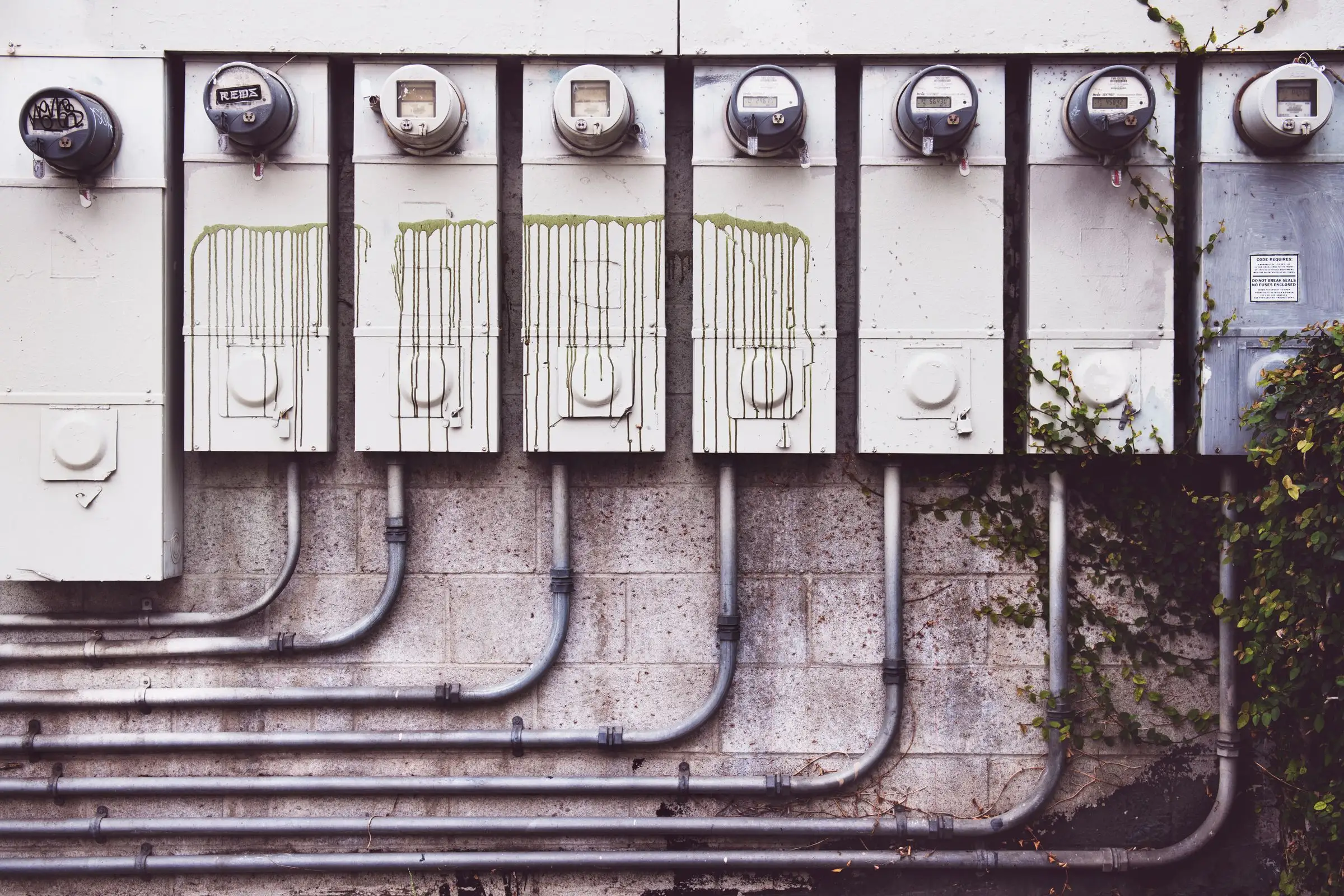 Row of electric meters mounted on a brick wall