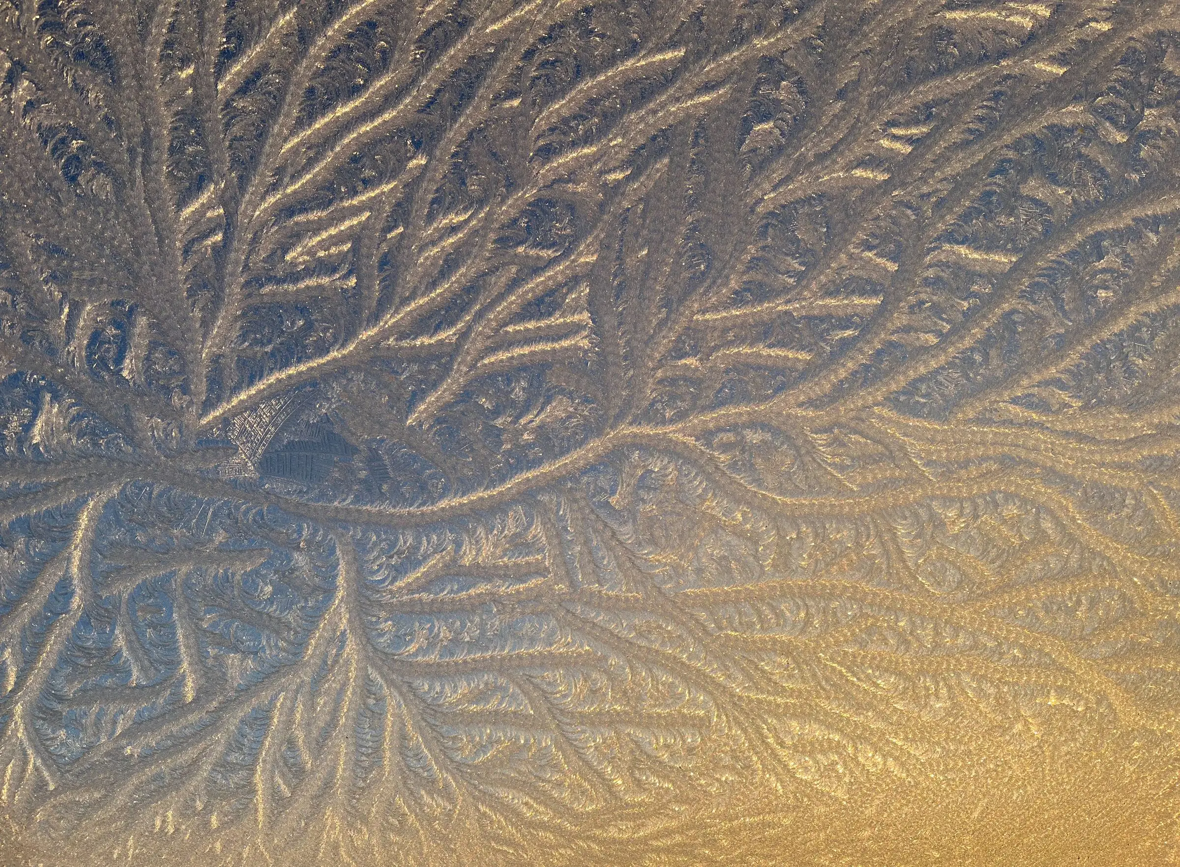 Frost crystals spreading across the inside of a cold window pane