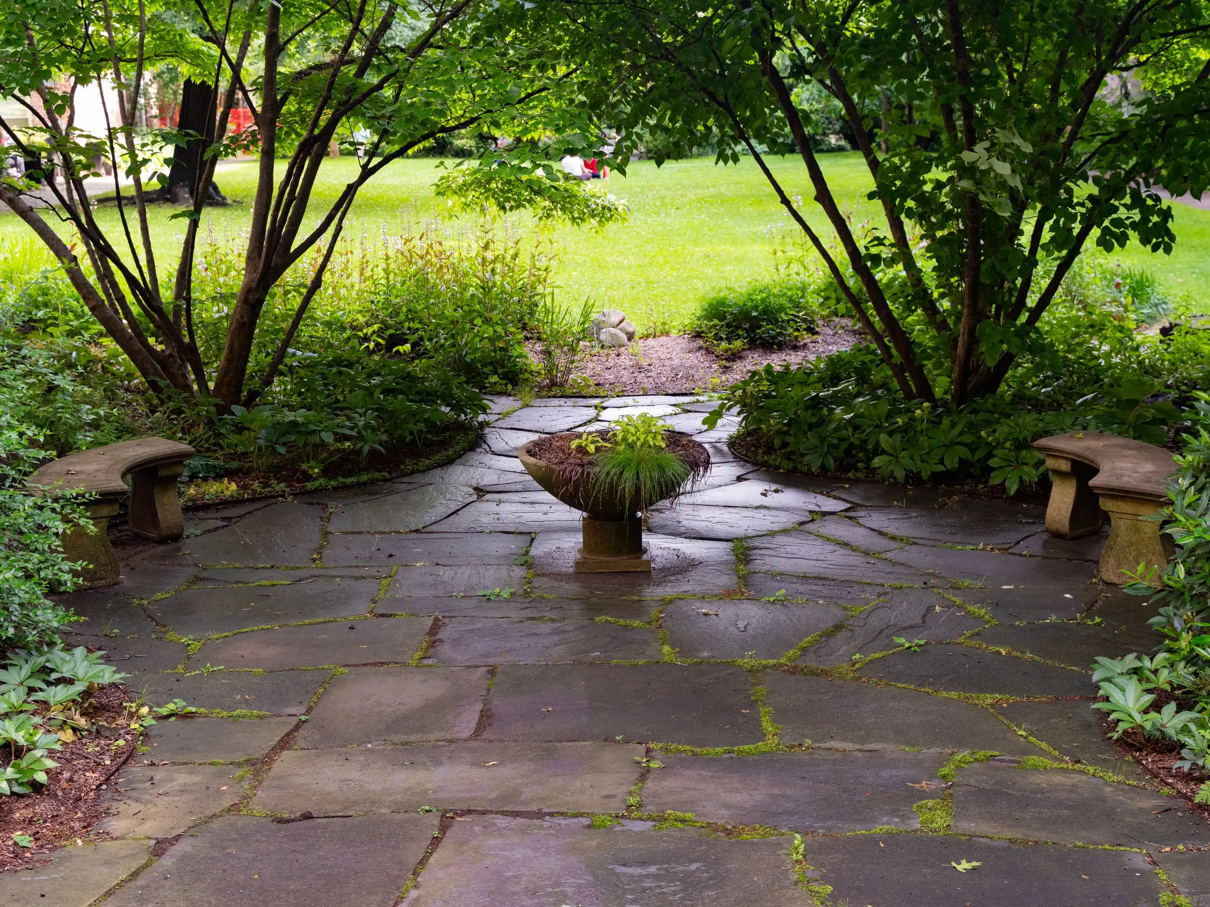 Stone patio enclosed by dense green planting